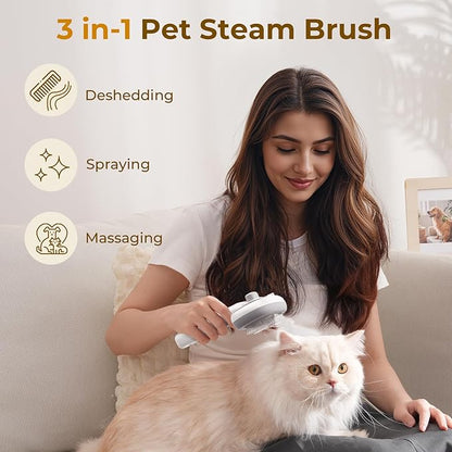 Pecute Steam Cat Brush, Self-Cleaning Cat Steam Brush with 2 Water Spray Modes, Large Capacity Tank, Dog Brush for Shedding Massaging Grooming, Cool Mist Only