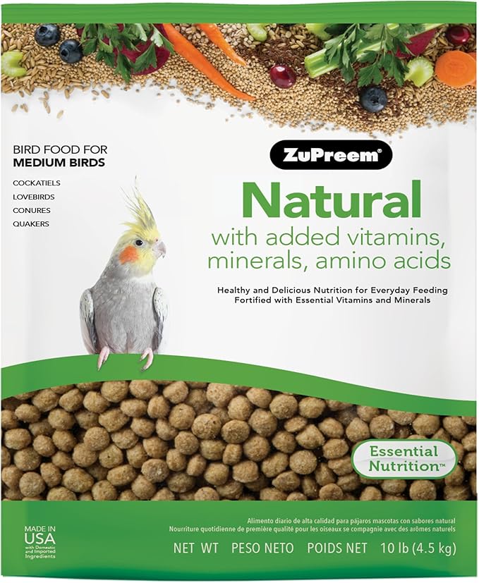 ZuPreem Natural Bird Food, Daily Bird Feed Pellets for Cockatiel, Lovebird, Quaker, Small Conure, Lorikeet, Core Nutrition, Added Vitamins, Made in USA, Cockatiel Food, (Medium, 10 lb Bag)