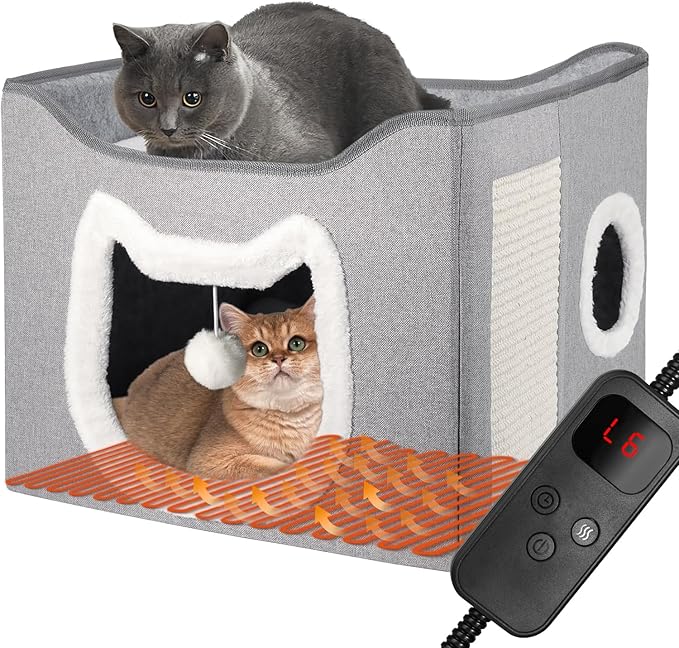 Heated Cat House for Indoor Cats - Heated Cat Bed Cave with Fluffy Ball and Scratch Pad, Foldable Cat Hideaway, Covered Cat Bed for Large Cats Kittens Small Pet