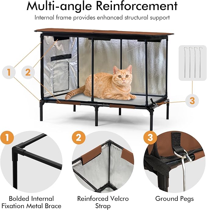 Heated Outdoor cat House for Outside, Weatherproof Insulated Feral Cat Shelter with Timer-Temp Control Heating Pad in Winter, Large Elevated Outdoor Cat House with Zipper, 2 Doors, Safety- Brown