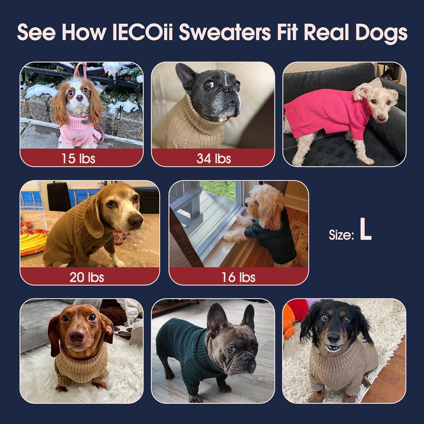 IECOii Dog Sweaters For Medium Dogs Girl Boy,Holiday Knit Doggy Sweatshirt with Sleeve,Turtleneck Thick Warm Dog Sweaters for Winter,Pullover Knitwear for French Bulldog,Boston Terrier(Peacock Blue,L)