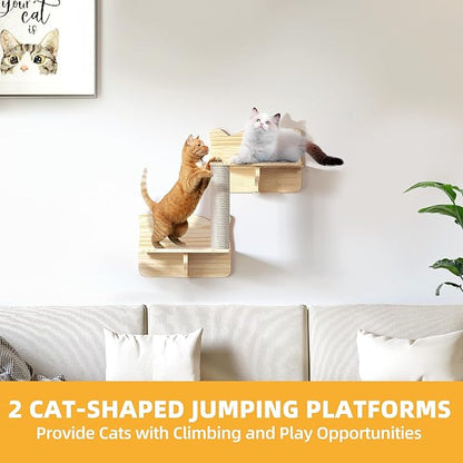 Wood Cat Wall Shelves, Cat Wall Furniture Solid Wooden Feline Shelf, 5 Piece Shelves and Perches with Bed, House, Steps, Bridge Ladder and Scratching Post