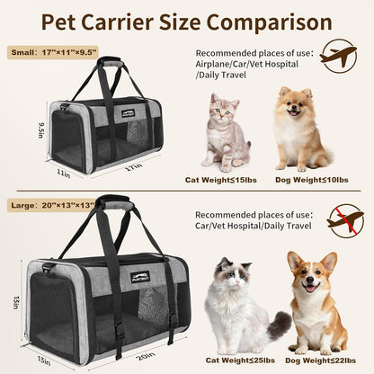 TSA Approved Pet Carrier for Small Cats and Puppies, Soft-Sided and Foldable, Cat and Dog Carrier Fits Pets Up to 15 lbs, Durable Portable Travel Bag with Litter Box, Dark Gray