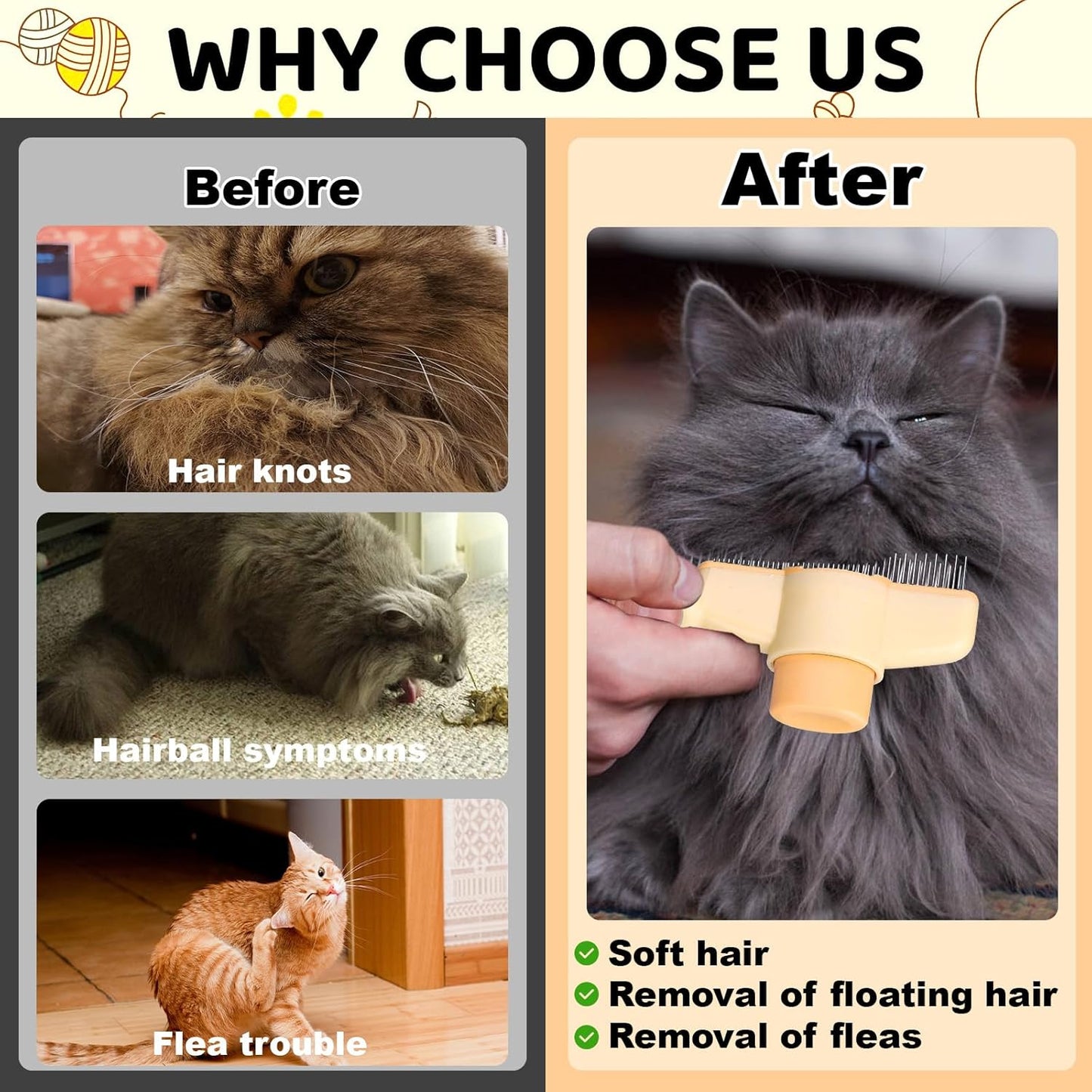 XANGNIER Pet Hair Removal Comb One-Click Self-Cleaning Grooming Brush, De-Shedding Comb for Short & Long Hair, Pet Grooming Supplies for Cats & Dogs, Yellow