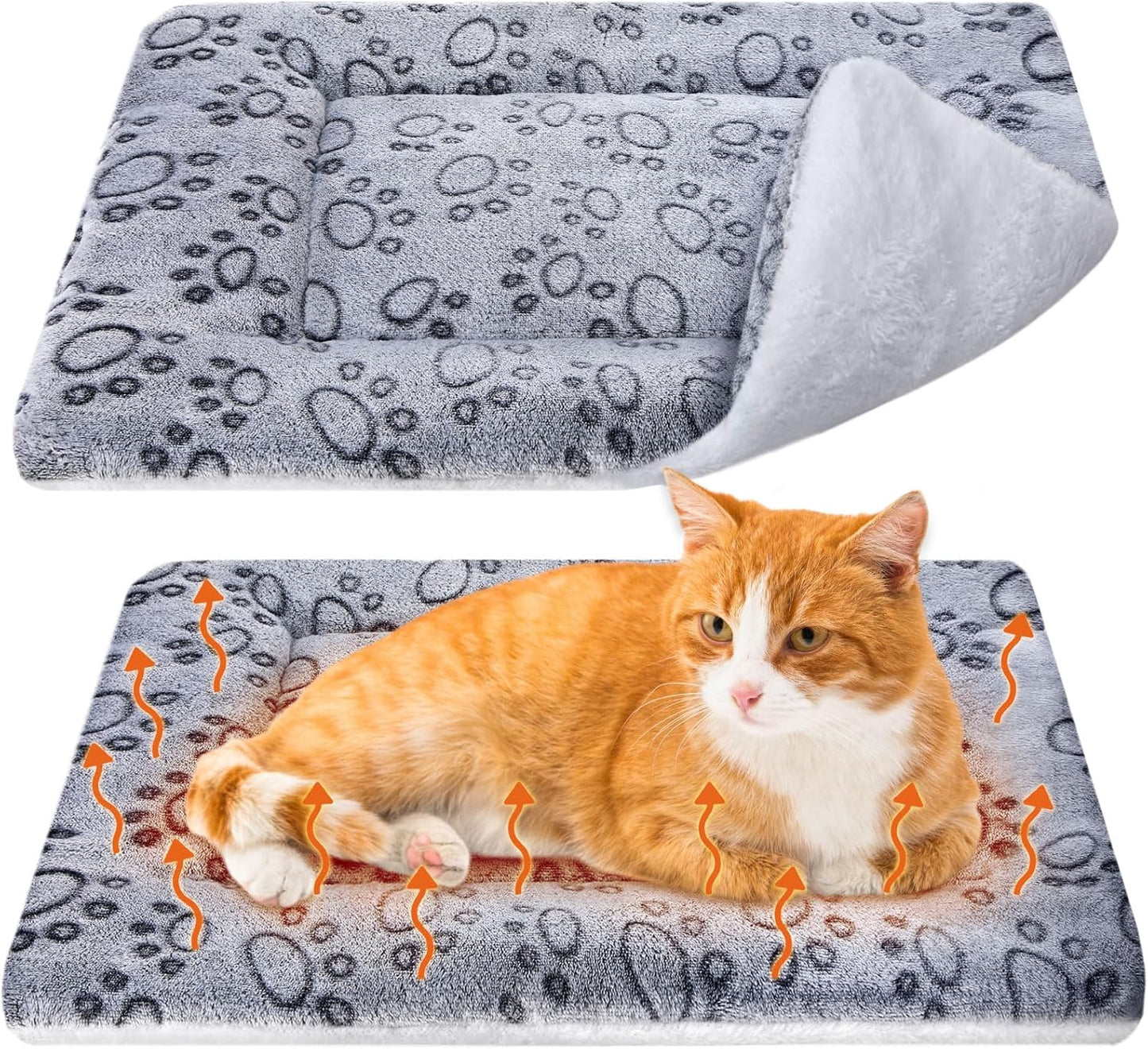 VitalCozy 2 Pack Self Warming Cat Mat Self Heating Pad Bed Reversible Machine Washable Reflects Body Heat Warm Thermal Pet Pad Crate Blanket for Feral and Indoor Cat (Grey,22'' X 18'',Dog Paw)