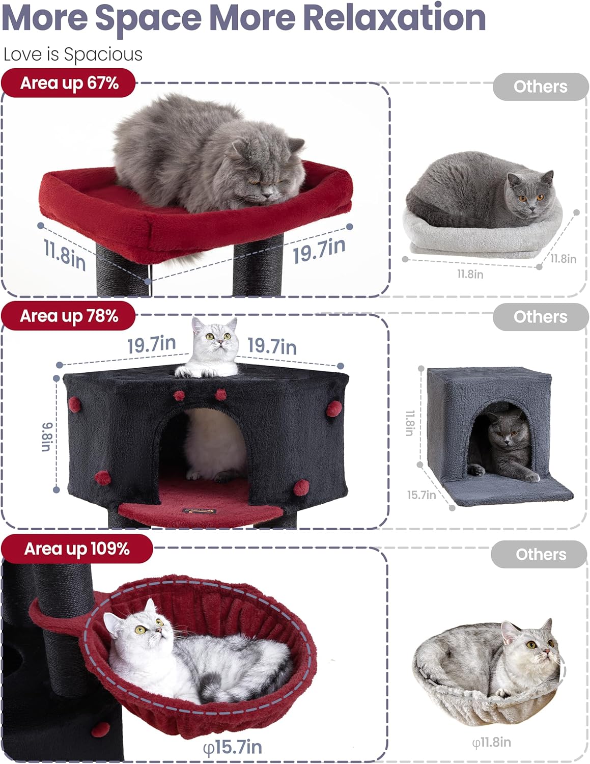 Cat Tree Tower for Indoor Cats Large Adult - Heavy Duty Extra Wide Scratching Post (φ4.4in) Maine Coon Condo House with Hammock Tunnel - 60 Inch XL Feline Bed Trees - Big Multi Level Cat Houses Stand