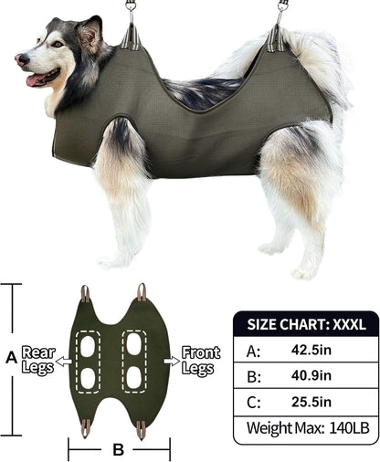 10 in 1 Pet Grooming Hammock Harness with Nail Clippers/Trimmer, Nail File, Comb,Dog Nail Hammock, Dog Grooming Sling for Nail Trimming/Clipping (XXXL/Under 140lb, Khaki Green)