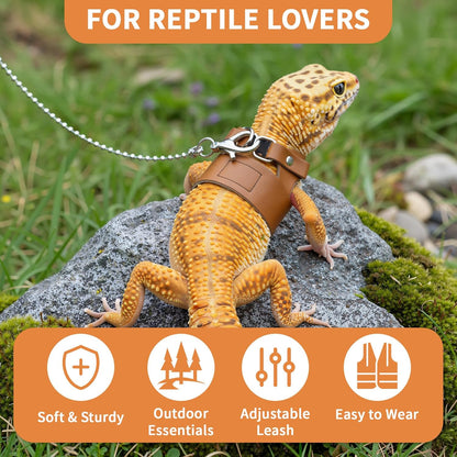 3 Pack Bearded Dragon Leash and Harness Set for Small Animals, 6.5FT Leash with 3 Sizes Adjustable Harness for Lizard Walking Adventure, Soft Vest Clothes for Squirrel Reptile Lovers -Brown