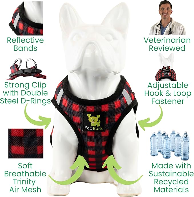 EcoBark Step in Dog Harness - Eco-Friendly Teacup Dog Harnesses for XXS, XS, and Small Dogs - Reflective and Adjustable Mini Body Halter Vest -Tiny Soft Mesh Toy Breed Harness (XXXS, Plaid)