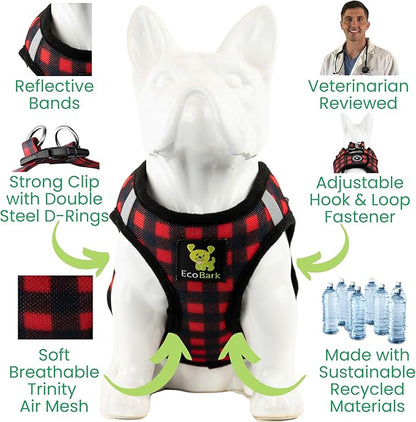 EcoBark Step in Dog Harness - Eco-Friendly Teacup Dog Harnesses for XXS, XS, and Small Dogs - Reflective and Adjustable Mini Body Halter Vest -Tiny Soft Mesh Toy Breed Harness (XXXS, Plaid)