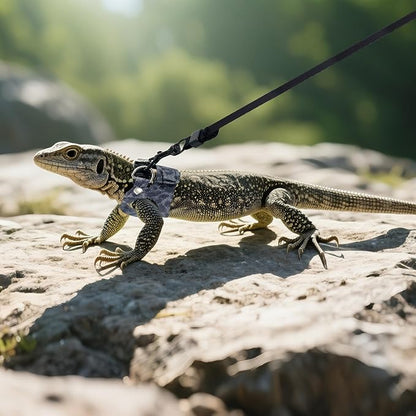 AIITLE 3 Pack Adjustable Bearded Dragon Harness and Leash Set - Leopard Print, Comfort Soft Leather Vest for Lizards, Iguanas, Guinea Pigs, Outdoor Camping & Walking, Blue