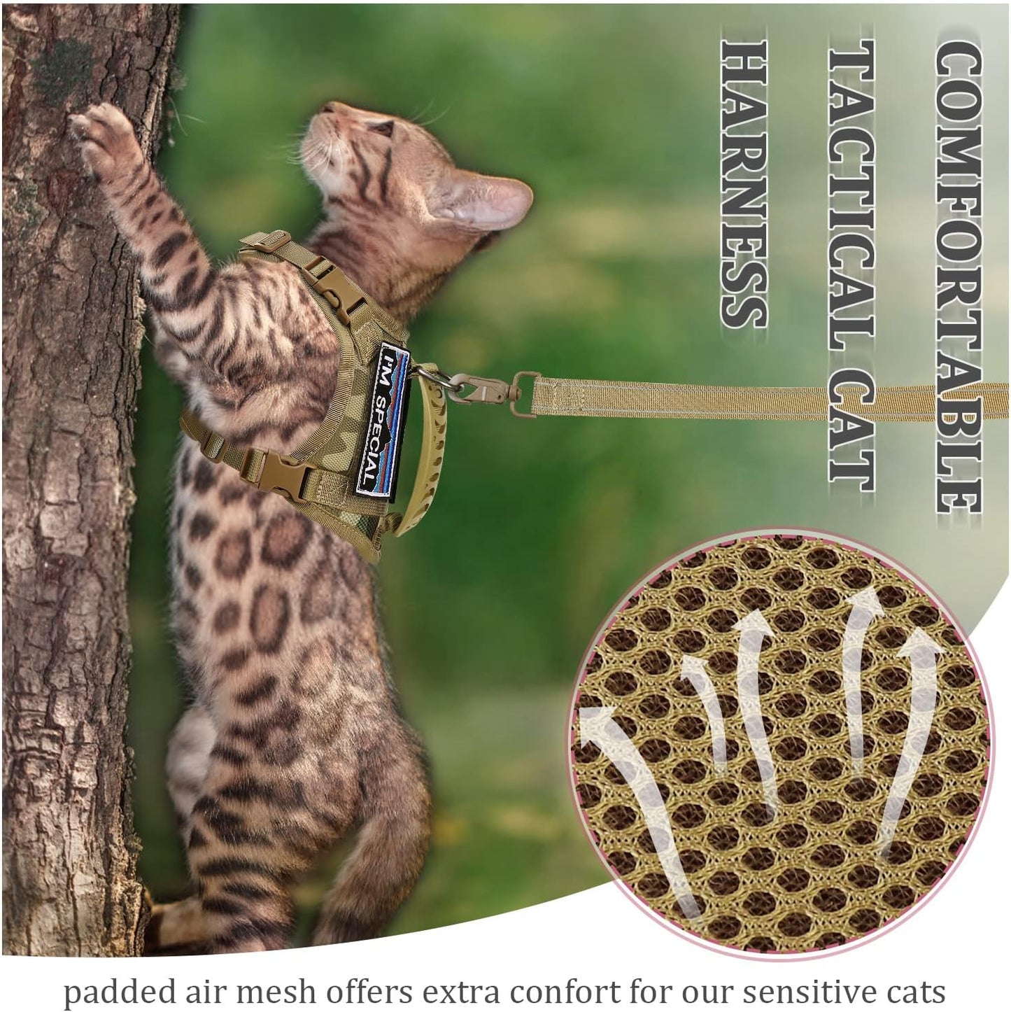 Tactical Cat Harness and Leash for Walking Esacpe Proof,Adjustable Soft Mesh Large Cat Vest with Rubber Handle Easy to Control,Molle Patches