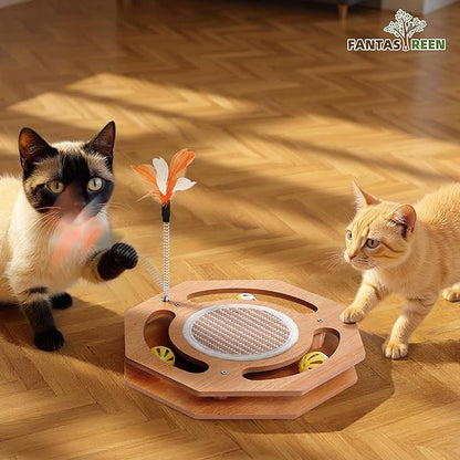 Interactive Toy Cat Scratcher, Sisal Scratching Pad, Kitten Toy Wood with Bell Ball Track, Feather Teaser for Mental Physical Exercise Puzzle