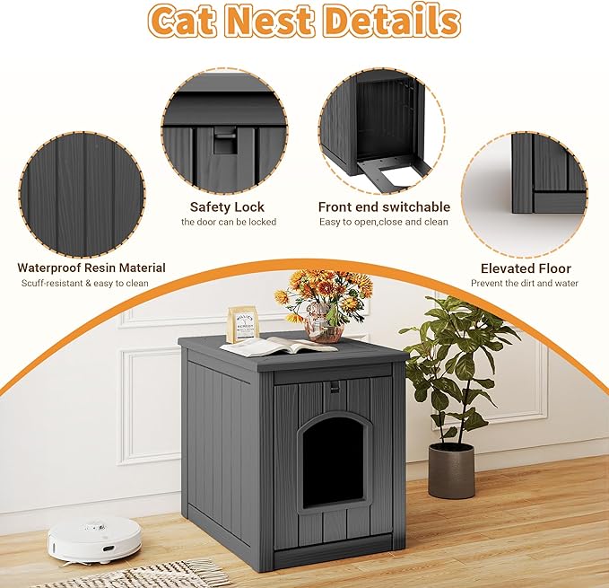 VIXZEN Cat House Resin Outdoor Cat House with Flip Lid Elevated Raised Floor Waterproof Easy Access Easy Assembly Easy to Clean Cat Houses for Outdoor Cats,Black