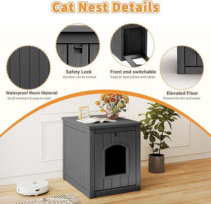 VIXZEN Cat House Resin Outdoor Cat House with Flip Lid Elevated Raised Floor Waterproof Easy Access Easy Assembly Easy to Clean Cat Houses for Outdoor Cats,Black