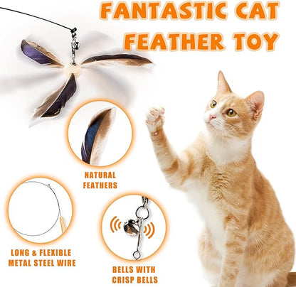 JXFUKAL Cat Wand Toys, Interactive Cat Toys with 3 Feather Refills, 29'' Flexible Steel Wire, Sturdy Wood Handle & Bell for Kitty Kitten, Cat Toys for Indoor Cats Teaser Cat String Toy