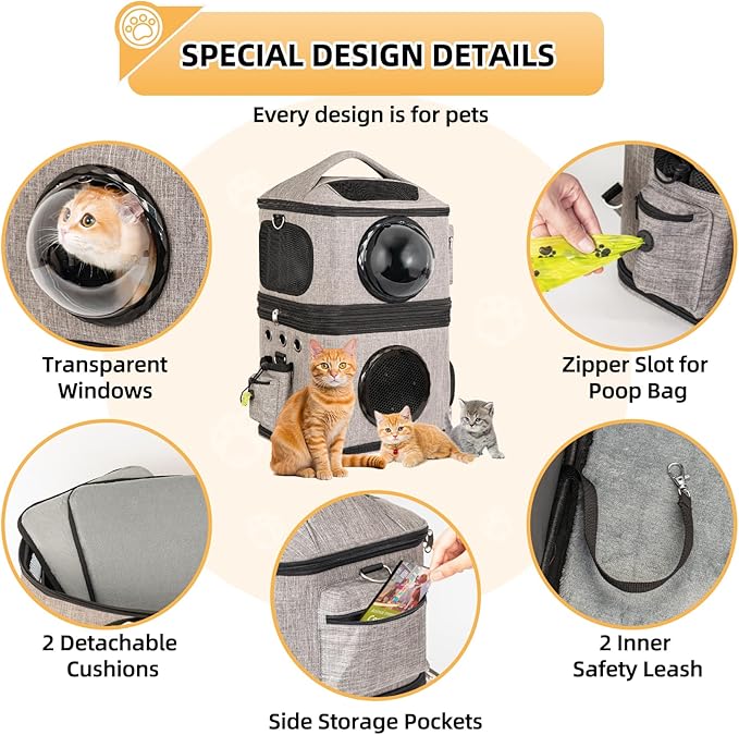 Detachable Double Cat Backpack Carrier for 2 Cats | Transparent & Foldable Dog Carrier Backpack for Cats and Small Dogs Up to 32 Lbs | Large Space & Breathable Cat Travel Carrier for Traveling, Grey