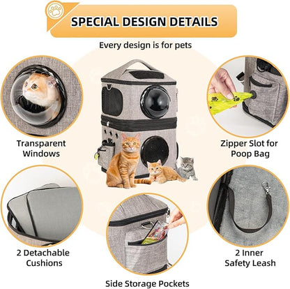 Detachable Double Cat Backpack Carrier for 2 Cats | Transparent & Foldable Dog Carrier Backpack for Cats and Small Dogs Up to 32 Lbs | Large Space & Breathable Cat Travel Carrier for Traveling, Grey