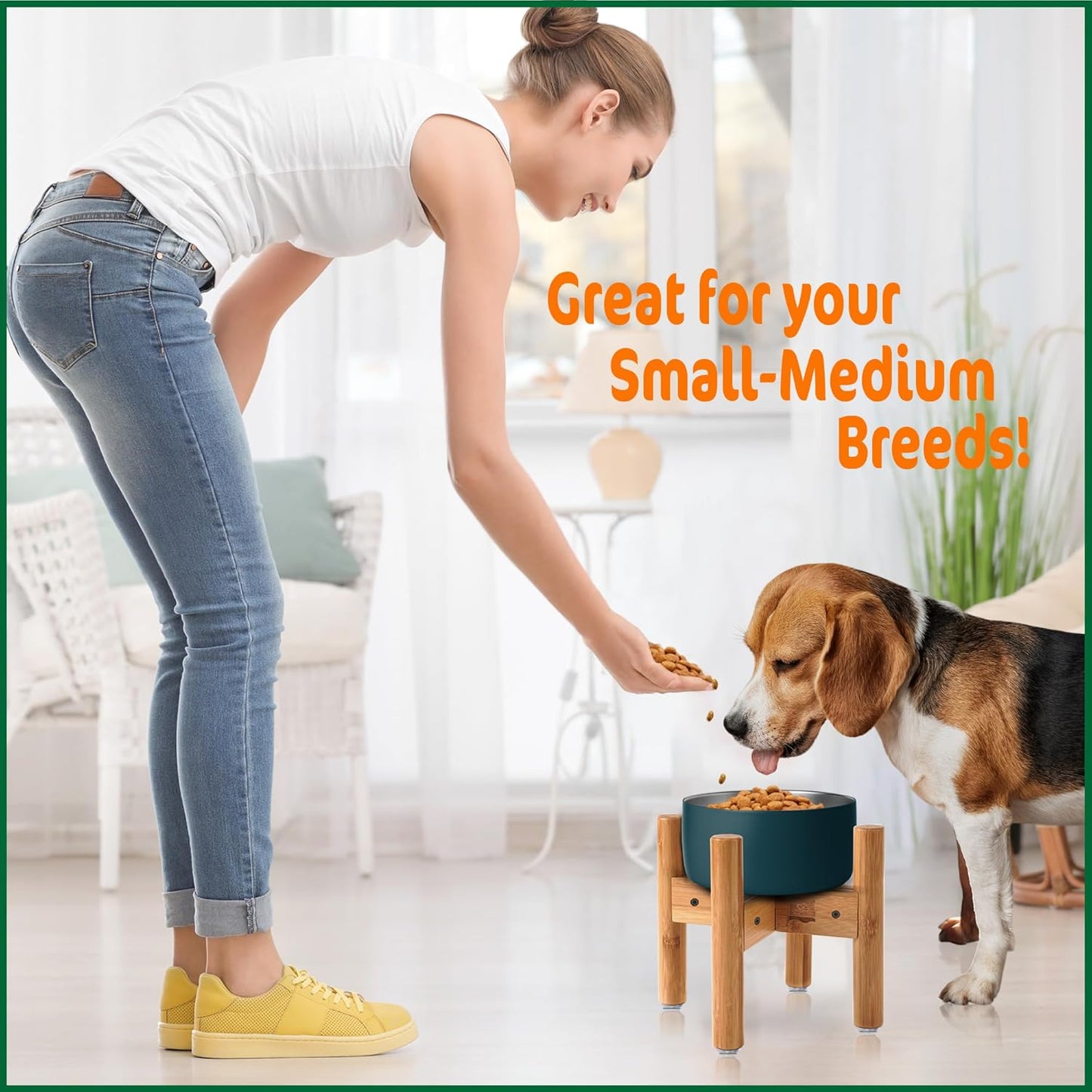 Dog Bowl Stand (9-inch Tall) for Medium Breeds - Use to Raise, Elevate Dog Food/Water Single Bowls and Feeders, Adjustable - Bamboo