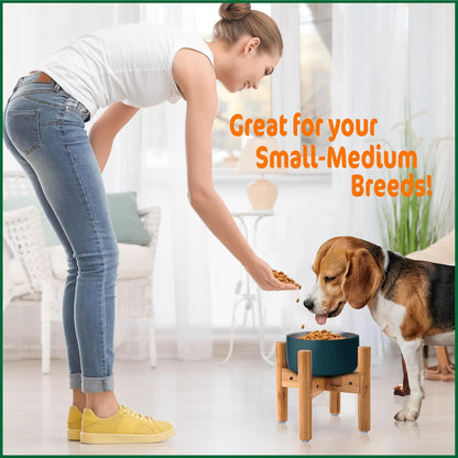 Dog Bowl Stand (9-inch Tall) for Medium Breeds - Use to Raise, Elevate Dog Food/Water Single Bowls and Feeders, Adjustable - Bamboo
