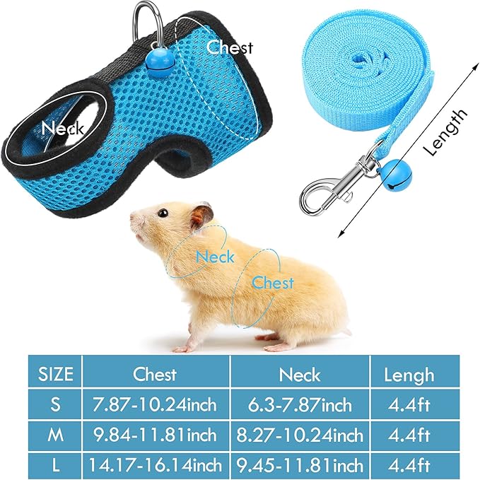 SATINIOR 2 Pieces Guinea Pig Clothes Baby Ferret Rats Hamster Soft Mesh Harness Leash Vest Set with Bell for Guinea Pigs, Hamster, Ferret, Rabbit, Chinchilla and Similar Small Animals(Blue, Black,M)