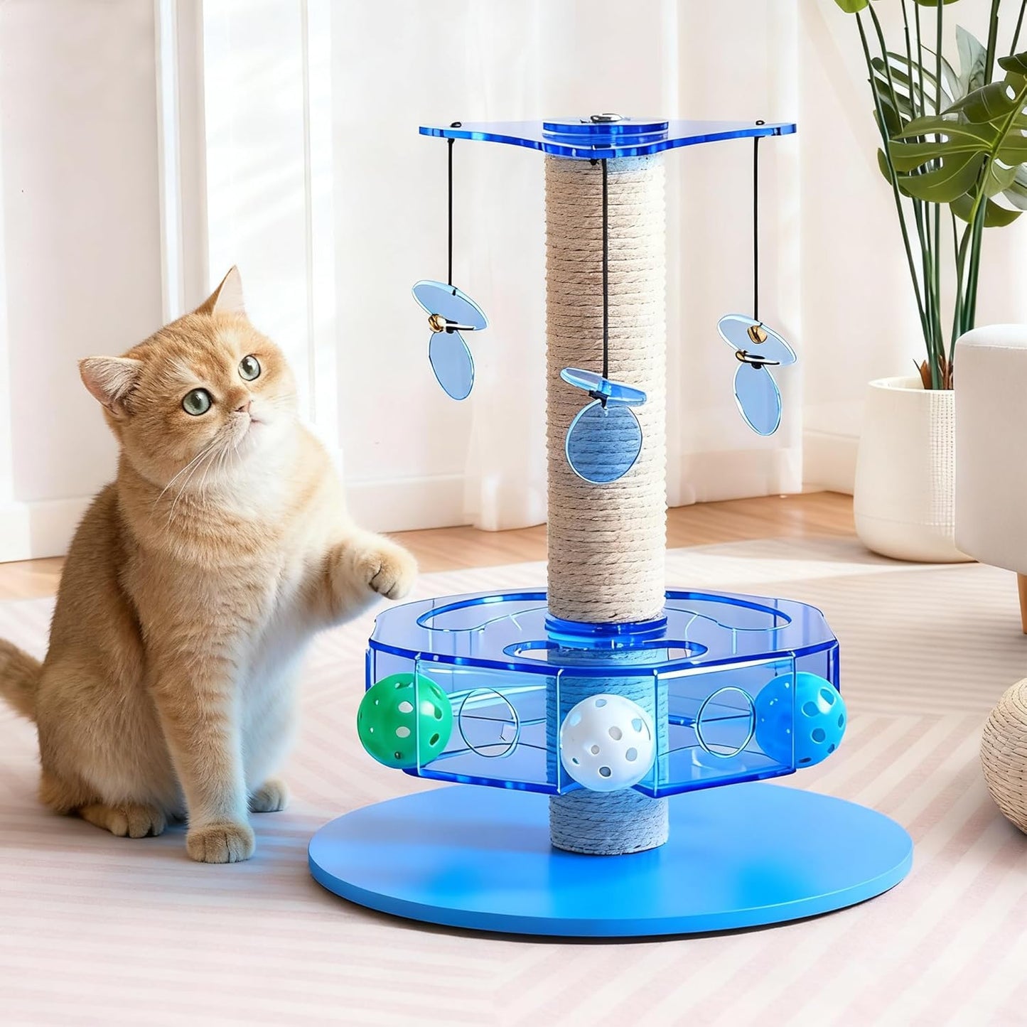 Modern 3-in-1 Interactive Cat Toy with Scratching Post, Rotating Cat Puzzle Toys for Indoor Cats with Colorful Jingle Balls, Spinning Teaser Disc with Dangling Toys, Acrylic, Blue