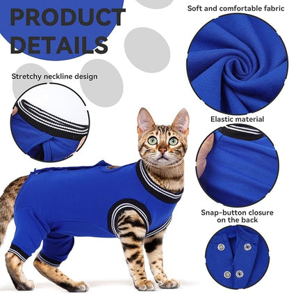 T'CHAQUE Cat Surgery Clothes Recovery Suit for Female Male, Cat Onesie Pet Surgical Pajamas Hind Legs Long Sleeve, Abdominal Wound Skin Diseases, E-Collar Alternative, Spay Recovery Suit, RoyalBlue-L