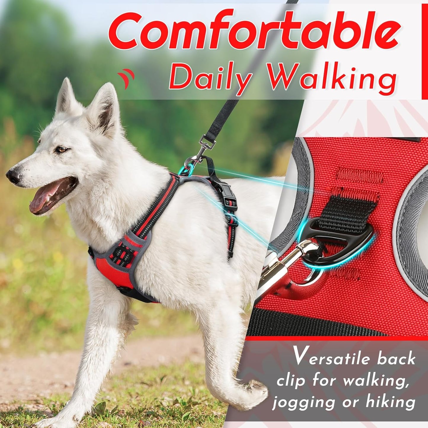 Eagloo Dog Harness Large Breed, No Pull Service Vest with Reflective Strips and Control Handle, Adjustable and Comfortable for Walking, No Choke Pet Harness with 2 Metal Rings, Red, XL