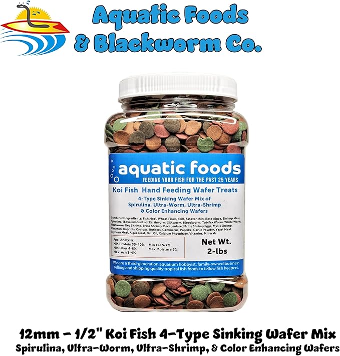 Aquatic Foods Inc. Koi Fish, Hand Feeding 12mm - 1/2" 4-Type Sinking Wafer Treats, Teach Your Koi to Eat Out of Your Hands…2-lb Med Jar