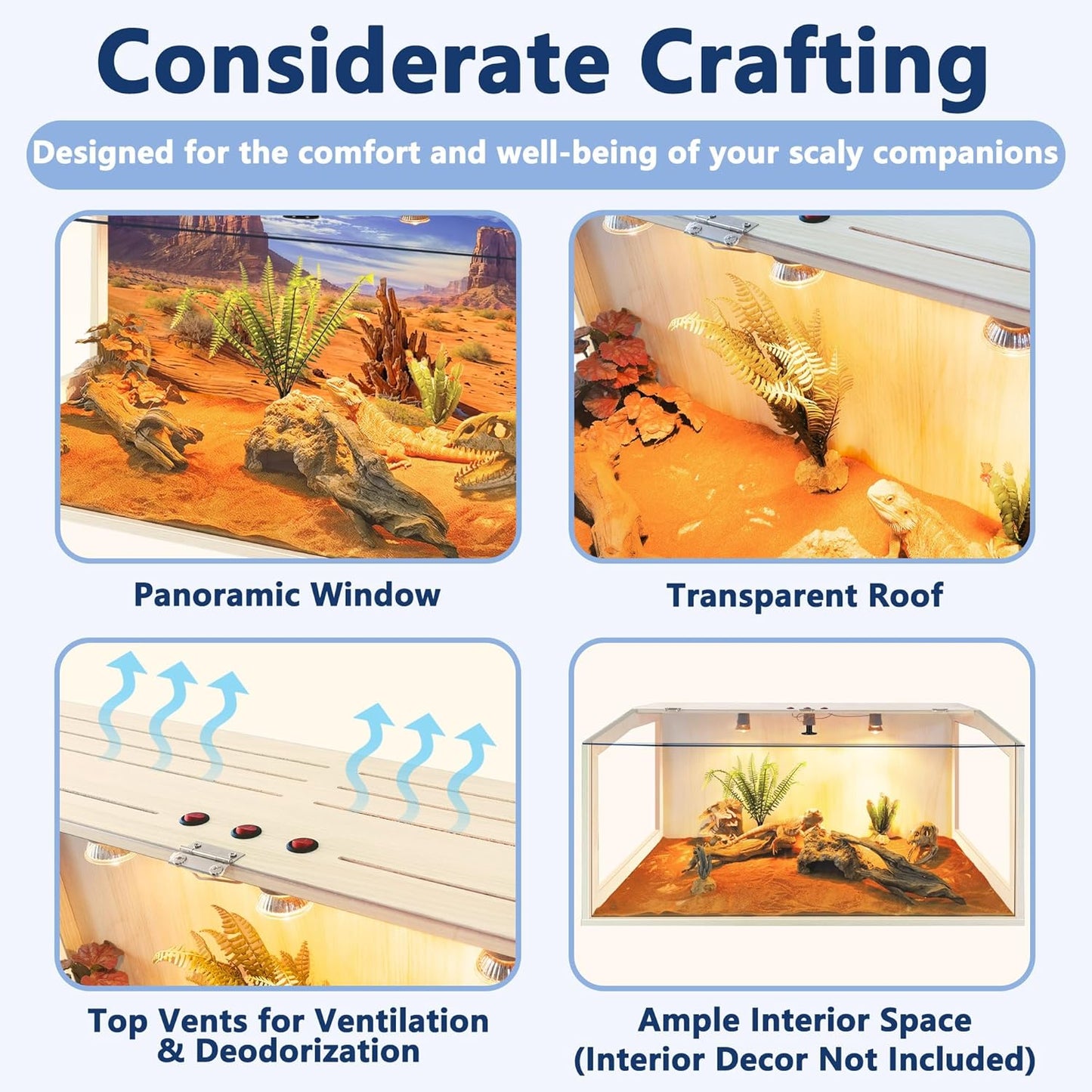 PROLEE Bearded Dragon Tank,Lizard Tank with Clear Tempered Glass Roof,Anti-Scratch Reptile Enclosure, Snake Tank and Reptile Tank,Built-in Light Fixtures with Switch (65 Gallons)