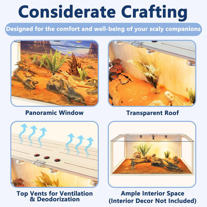 PROLEE Bearded Dragon Tank,Lizard Tank with Clear Tempered Glass Roof,Anti-Scratch Reptile Enclosure, Snake Tank and Reptile Tank,Built-in Light Fixtures with Switch (65 Gallons)