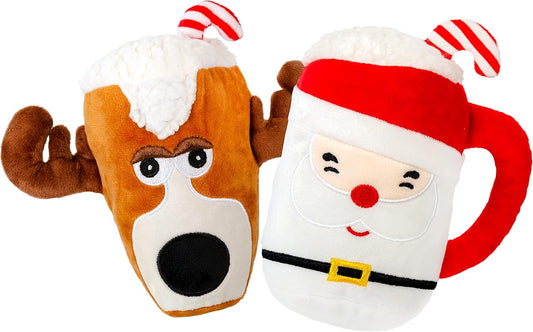 Giftable World Holiday Plush Pet Toy Fun for Christmas Designs with Squeaker Dog Chew Toy (6.5" Santa & Reindeer Cups 2 Pcs)