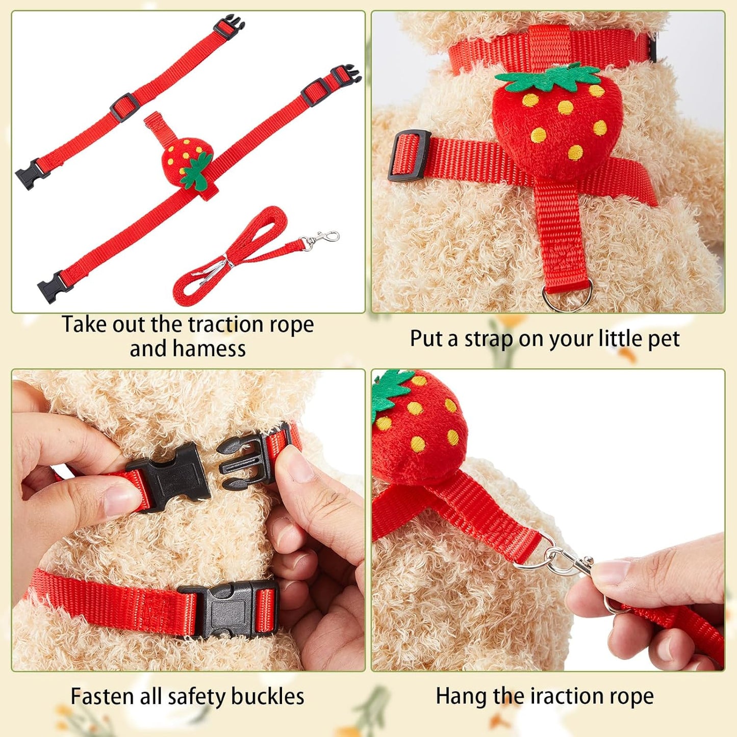 Duck Harness Leash Set Duck Harness and Leash for Real Ducks Adjustable Walking Rope Pet Cute Pattern Outdoor Traction Rope for Chicken Rabbit Small Animals(S,Strawberry)