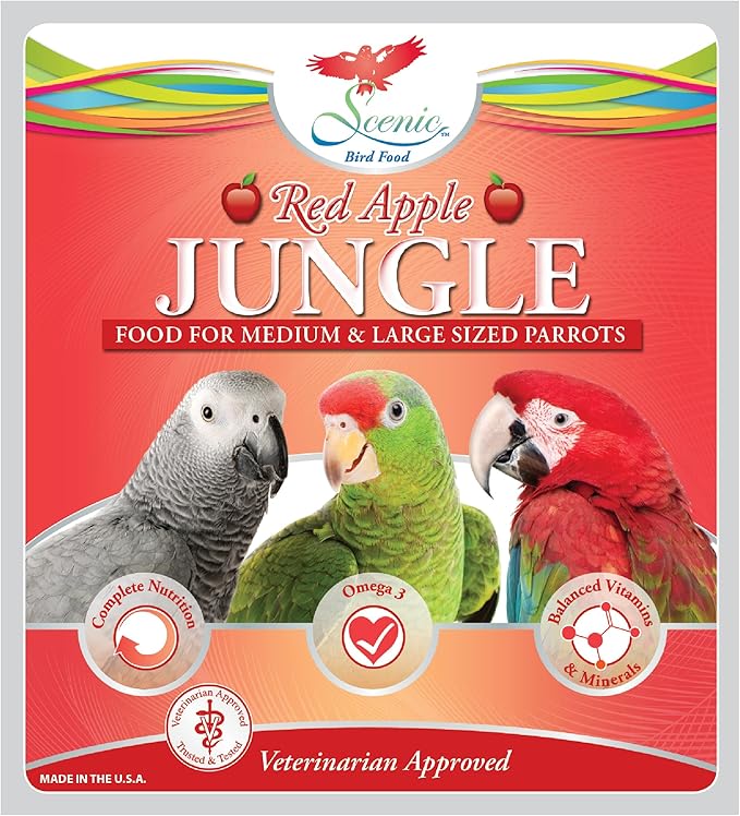 Scenic Apple Jungle Premium Parrot Food, Apple, Natural Flavors, High Protein, Low Iron Bird Pellets for Large Parrots, Macaw Food, Cockatoo, African Grey Parrots, Omega 3, Vitamins, 2lb (Pack of 2)