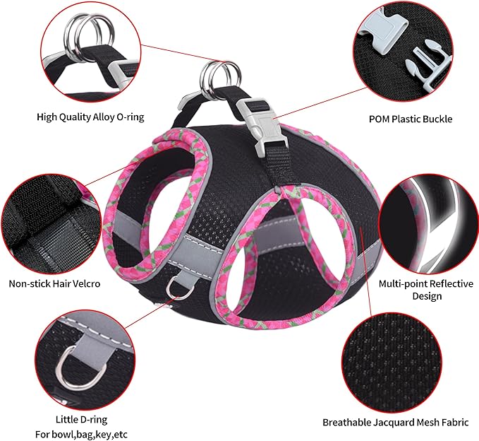 AIITLE Teacup Puppy Harness with Leash - Adjustable Soft Vest with Magic Tape & Reflective Safety Strips, Easy-Put-On for Poodles, Pomeranians - Gym, Hiking, Travel (Black, S)