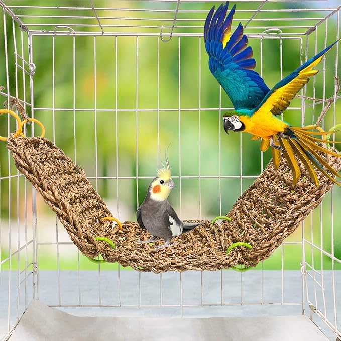 Tfwadmx Bird Seagrass Hammock Tent, 3Pcs 7x7in Seagrass Mat for Birds, Hanging Parrot Toys, Counre House Hut Hideout for Parakeets, Lovebirds, Budgies, Cockatiels
