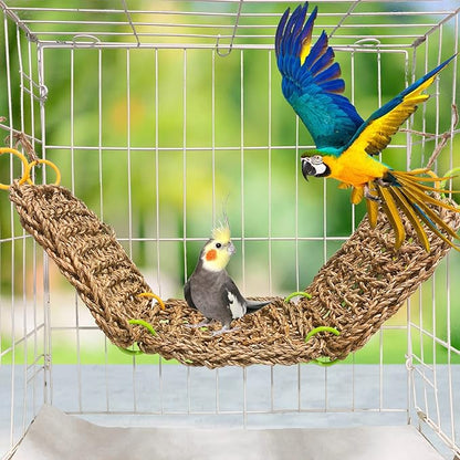 Tfwadmx Bird Seagrass Hammock Tent, 3Pcs 7x7in Seagrass Mat for Birds, Hanging Parrot Toys, Counre House Hut Hideout for Parakeets, Lovebirds, Budgies, Cockatiels