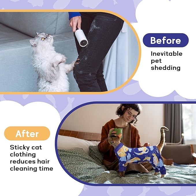 PUMYPOREITY Cat Recovery Suit, Stops Wound Licking After Surgery, Sticky Hair Shirt with Sticky Fabric, Cat Pajamas Prevents Over-Grooming, Kitten Onesie - Soft & Machine Washable, Blue, S