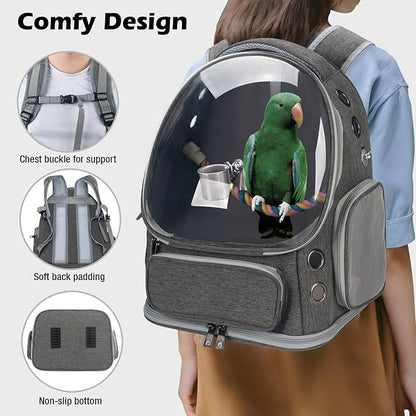 Bird Backpack Carrier Travel Cage with Perch, Tray and Breathable Clear Window, Bird Travel Cage for Cockatiel Caique Conure Quaker, for Vetting Camping Hiking (Grey)