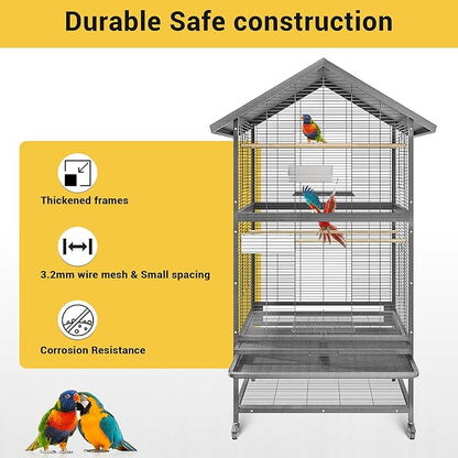 65.7" Large Double Parrot Cage, Bird Cage with Rolling Stand, 4 Perches & Bowls, Outdoor Bird Flight Cages for Parakeets, Conures, Cockatoos, Canaries, Lovebirds - Black