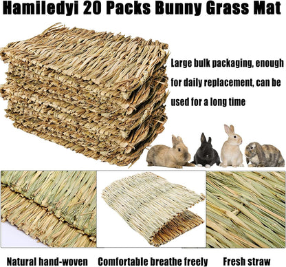 Hamiledyi 20 Pack Bunny Grass Mat Woven Bed Mat Natural Straw Hay Mats Rabbit Handmade Bedding Sleeping Grinding Nesting and Chewing Toy for Guinea Pig Hamster Chinchilla Squirrel Hedgehog