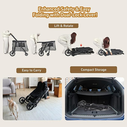 Medium Dog Stroller for Small to Large Dogs 4 Wheels Multi Pet Stroller for 4 Dogs Holds Up to 40lbs, One-Click Folding&Smooth Tires&Sunshade & Storage Basket (Gray, Medium)