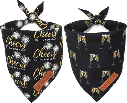 Realeaf New Year Dog Bandanas 2 Pack, Cheers to The New Year Dog Scarf for Boy and Girl, Premium Durable Fabric, Holiday Bandana for Small and Medium Dogs Cats Pets (Small)