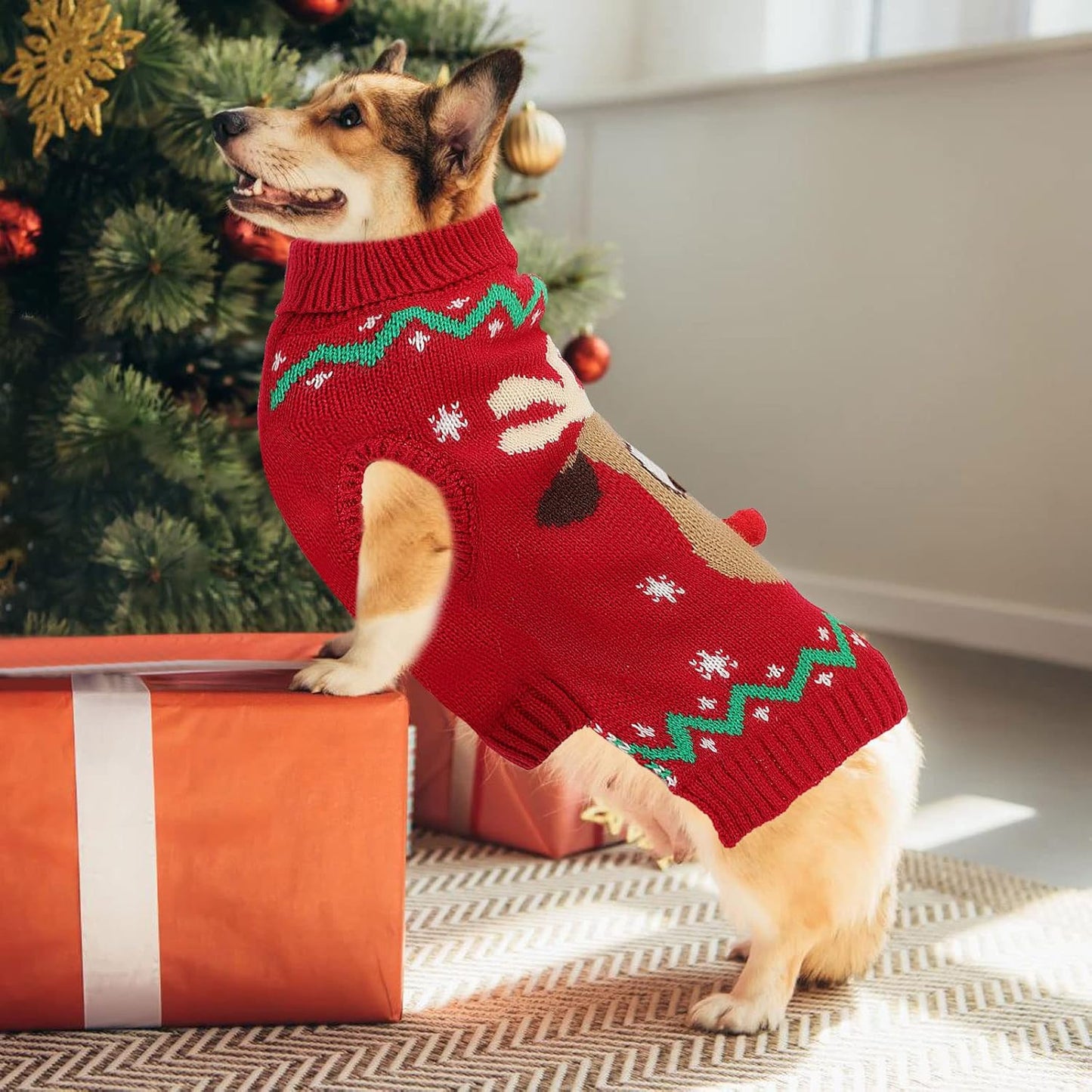 Christmas Dog Turtleneck Sweater Winter Reindeer Snowflake Sweater with Leash Hole Puppy Knitwear Pullover Holiday Sweaters for Small Medium Large Dogs S