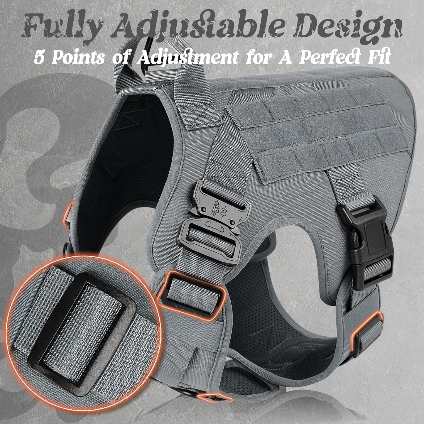 rabbitgoo Tactical Dog Harness for Large, Heavy Duty Pet Harness with Handle, No-Pull Service Vest Large Breed, Adjustable Military Dog Vest for Training Hunting Walking, Grey, XL
