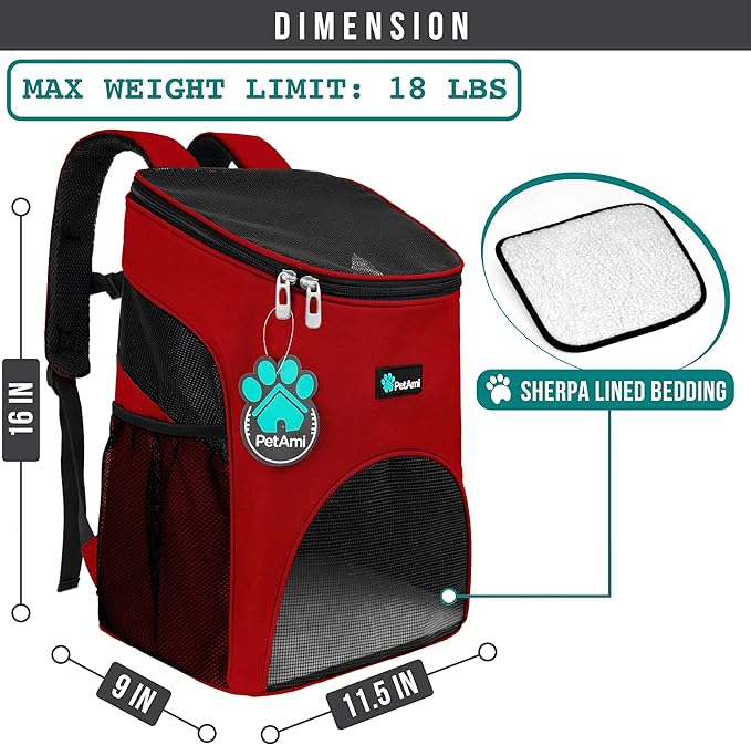PetAmi Small Dogs and Cat Backpack Carrier, Airline Approved Pet Backpack Carrier, Ventilated, Safety Strap, Buckle Support Designed for Hiking Travel Camping Outdoor, Max 18 lbs (Red)