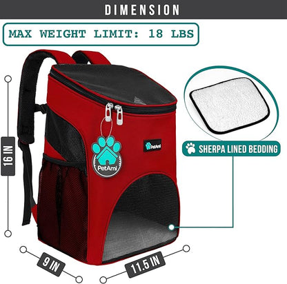 PetAmi Small Dogs and Cat Backpack Carrier, Airline Approved Pet Backpack Carrier, Ventilated, Safety Strap, Buckle Support Designed for Hiking Travel Camping Outdoor, Max 18 lbs (Red)
