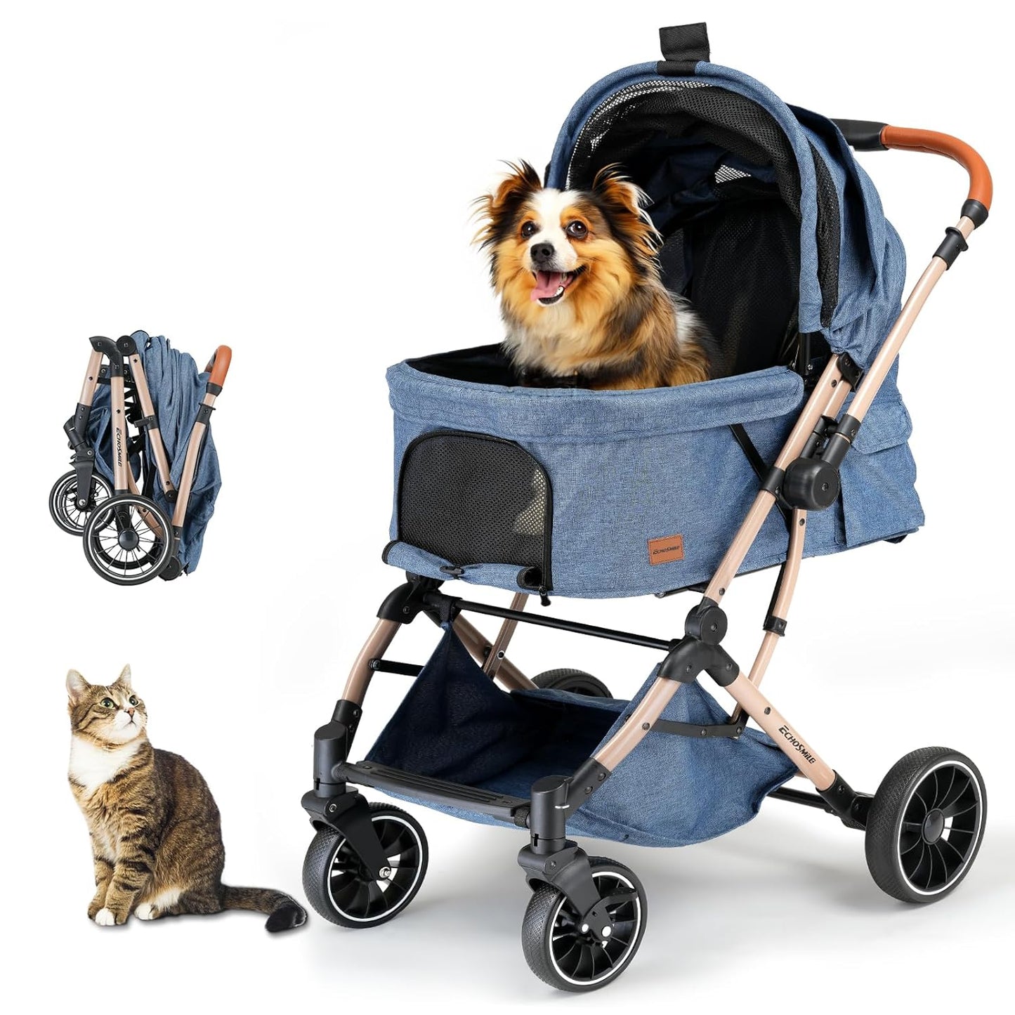 EchoSmile Small Medium Dogs Stroller 4-Wheel Pet Strollers for Medium Dogs Up to 50lbs, One Click Folding Large Cat Stroller, Reversible Handle, Shock Absorbing Wheels, Removable Washable Pad, Blue