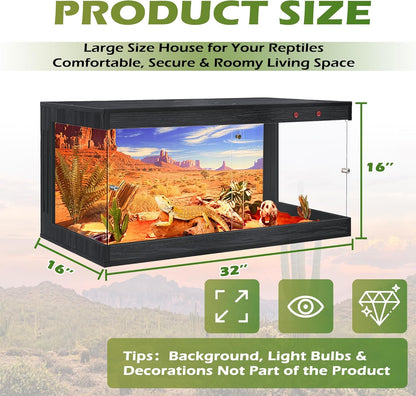Royxen Tempered Glass Reptile Enclosure,Reptile Tank with Wooden Mesh Top and Lockable Design,32 Gallon Bearded Dragon Tank for Lizard Gecko Tortoise Snake Habitat,32" x 16" x 16",Black