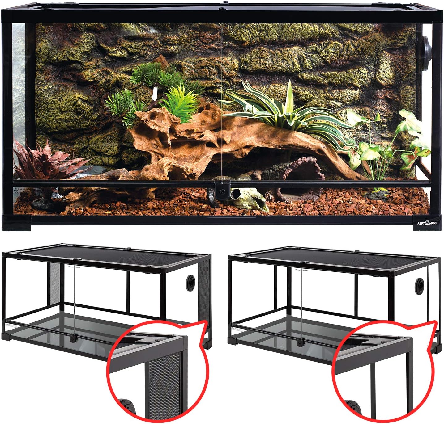 REPTI ZOO 50 Gallon Reptile Glass Tank Terrarium 2 in 1 Side Meshes and Side Glasses Double Hinge Door with Screen Ventilation Tempered Glass 36" x 18" x 17.75"